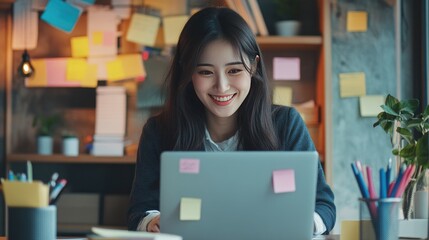 Fototapeta premium An Asian businesswoman smiling while typing on her laptop, with sticky notes and office supplies neatly arranged around her.