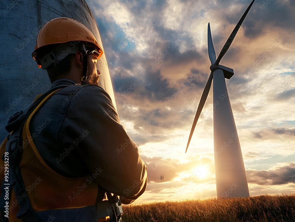 Poster windswept field with towering wind turbine engineer closely examining machinery and mechanisms
