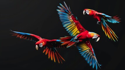 Obraz premium Three colorful macaws in flight against a dark background, showcasing their vibrant feathers.