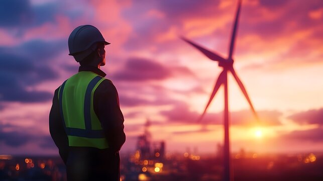 Environmentally Conscious Wind Turbine Technician Maintaining Sustainable Energy Source in Futuristic Urban Backdrop