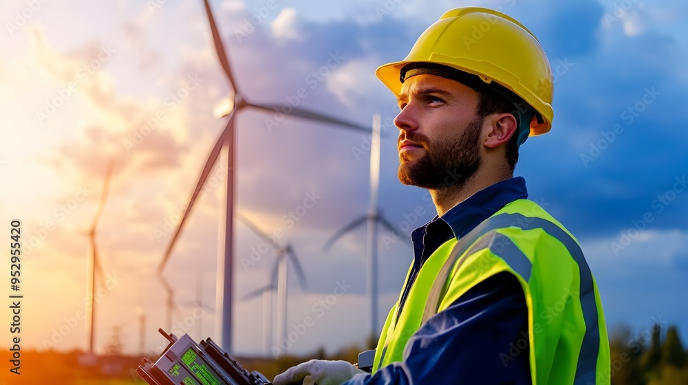 Poster wind turbine engineer evaluating system performance for optimal power