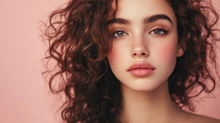 Naklejka premium Close-up of a pretty young girl with natural makeup, soft curls, and a confident expression against a plain pastel background.