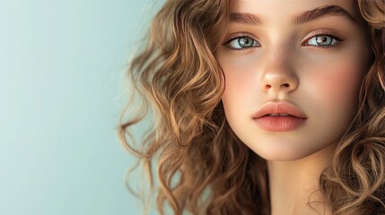 Naklejka premium Close-up of a pretty young girl with natural makeup, soft curls, and a confident expression against a plain pastel background.