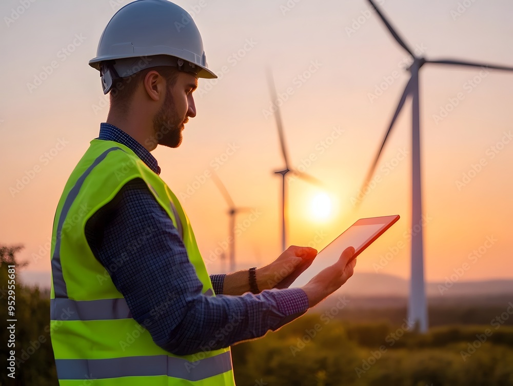 Aufkleber technician inspecting wind turbine optimizing renewable energy efficiency with diagnostic data analy
