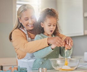 Baking, kitchen and grandmother with child in home for learning, development or growth....