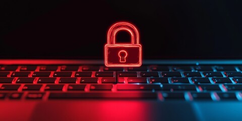 A glowing red lock symbol on a laptop keyboard, symbolizing data security and protection against cyber threats.