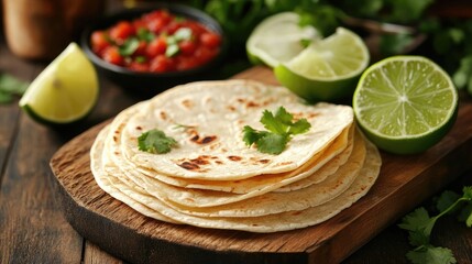 Corn tortillas on a wooden board with freshly cut lime, salsa, and cilantro, ready for a Mexican meal.