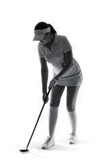 Silhouette of beautiful female golfer on white background