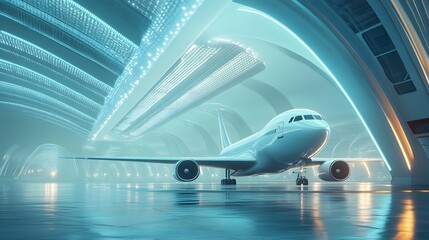 28082302 17 Spacecraft preparing for takeoff in a bright futuristic airport terminal Sleek architecture cool tones and detailed 3D-rendered environment