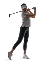 Silhouette of beautiful female golfer on white background