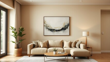 A bright living room featuring a white couch and an elegant painting on the wall, creating a serene atmosphere