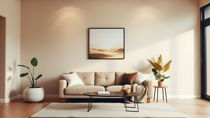 A bright living room featuring a white couch and an elegant painting on the wall, creating a serene atmosphere