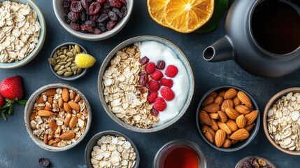 Fototapeta premium Flat lay of a breakfast with muesli, dried fruits, nuts, and a bowl of yogurt, served with a pot of black tea.