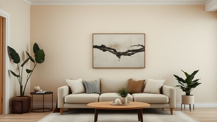 A bright living room featuring a white couch and an elegant painting on the wall, creating a serene atmosphere