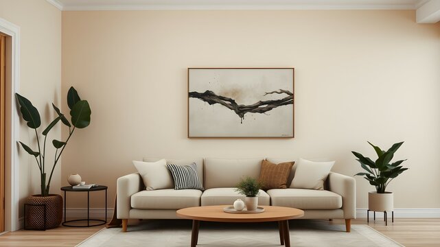 A bright living room featuring a white couch and an elegant painting on the wall, creating a serene atmosphere