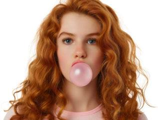 Young woman blowing bubble gum: girl with pink ball, beautiful beauty chewing, isolated attractive fashion female portrait, casual pretty lifestyle