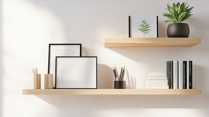 Minimalist wall shelves with office supplies, a small plant, and framed photos, creating an organized home workspace