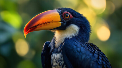 Toucan with colorful beak on jungle branch, exotic tropical bird in Brazil wild rainforest habitat, beautiful wildlife and fauna of Amazon endemic animal species
