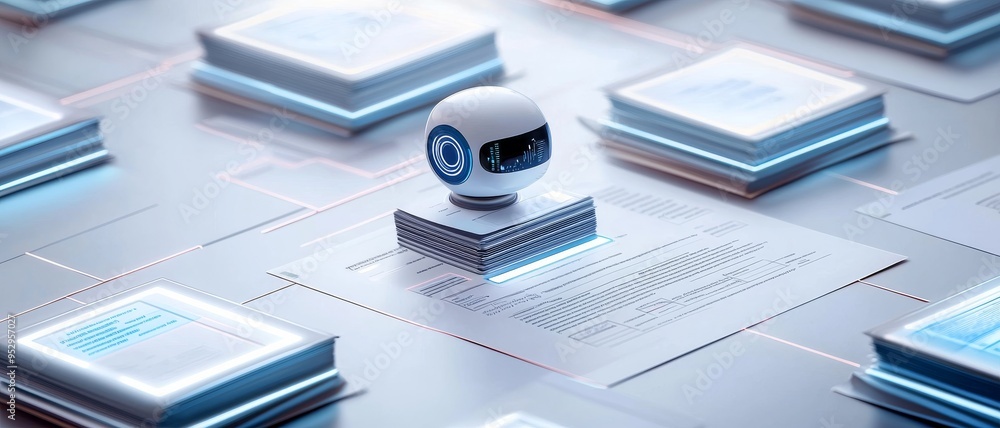 Poster futuristic ai robot with stacked documents
