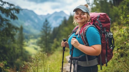 Overweight girl on a nature trail, wearing hiking gear, and standing proudly with a backpack and a scenic view behind her