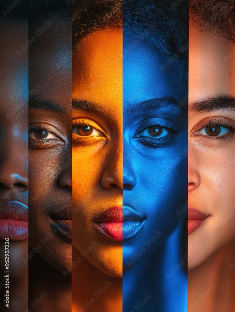 Fototapete Diverse faces are displayed, separated by a line that symbolizes division and bias, emphasizing unique characteristics and beauty. Generative AI