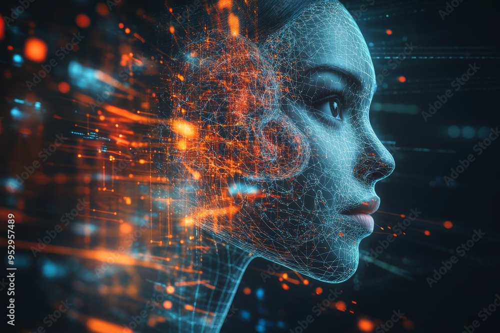 Poster futuristic female profile with digital neural patterns symbolizing artificial intelligence human mac
