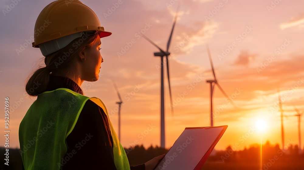 Poster wind turbine engineer overseeing sustainable energy project with advanced monitoring and technology