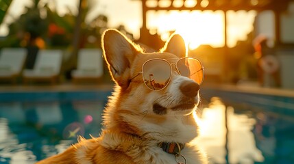 A corgi wearing sunglasses by a pool at sunset, exuding a relaxed and playful vibe.