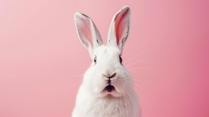 Obraz premium A cute white rabbit with large ears against a pink background, showcasing its expressive face.