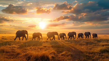 Herd of elephants walking across the African plains