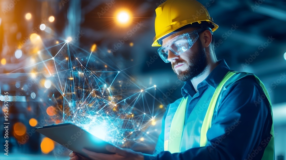 Poster wind turbine engineer overseeing power system upgrades for efficient and safe power