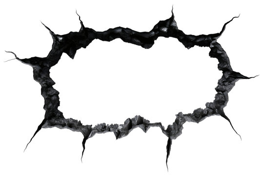 Black hole isolated on transparent background, rough edge empty space, textured frame with damaged break border, grunge design element for overlay or template
