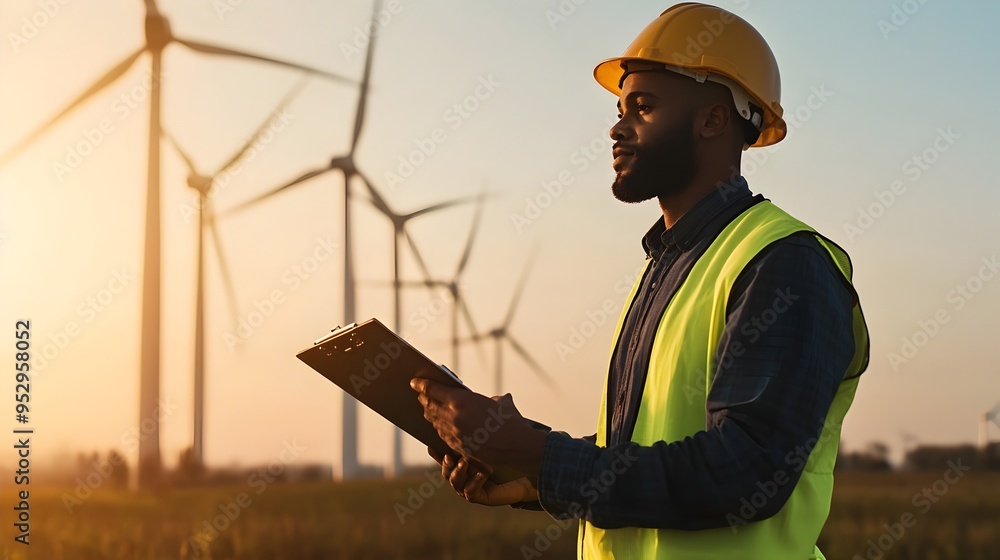 Aufkleber wind turbine engineer evaluating renewable energy project design improvements for optimal efficiency
