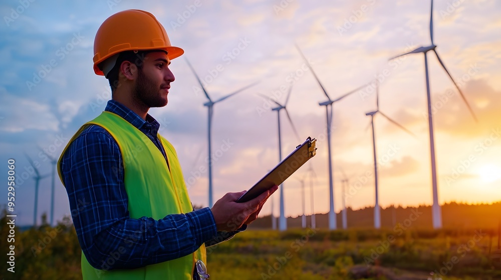 Poster wind turbine engineer assessing design improvements for renewable energy project