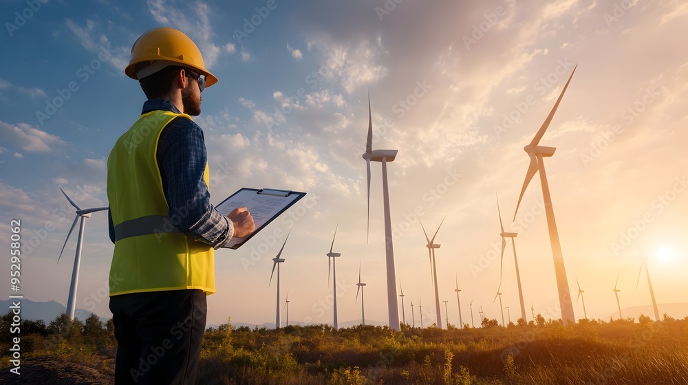 Aufkleber wind turbine engineer evaluating design improvements for renewable energy project