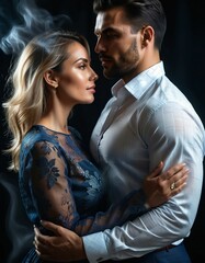 Obraz premium Beautiful and Elegant couple on dark background with lights