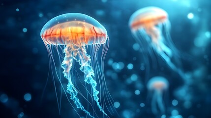 Naklejka premium Glowing Jellyfish in the Mystical Deep Blue Ocean with Bioluminescent Creatures