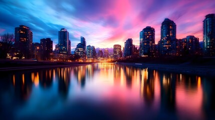Fototapeta premium Glowing Skyline at Tranquil Dusk Skyscrapers Reflecting on Serene River