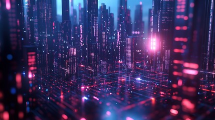 Fototapeta premium Futuristic Cityscape with Neon Lights and Grid Structure