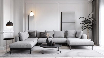 Fototapeta premium Minimalist living room with a gray sectional sofa, white walls, and a black coffee table.