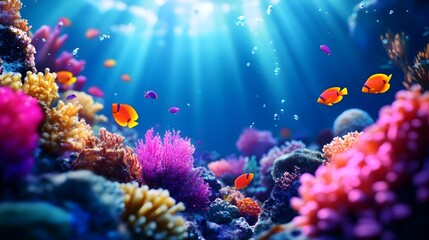 Fototapeta premium Shimmering Underwater Coral Reef Teeming with Vibrant Marine Life and Bioluminescent Glow
