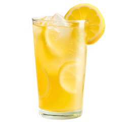 Glass of fresh lemonade juice isolated on transparent background, cold citrus drink with ice cubes, lemon slices, and mint leaves, summer refreshment beverage