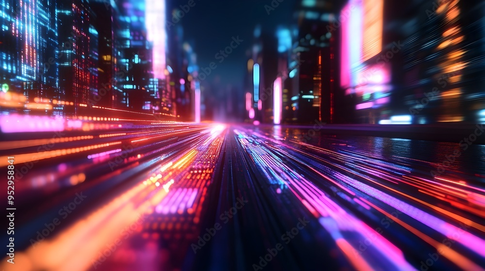 Poster vibrant digital data flows pulsing through hyper modernistic futuristic cityscape with sleek minimal