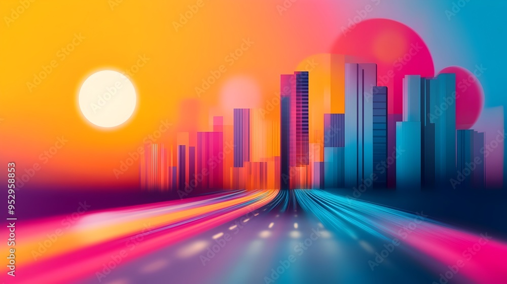 Poster vibrant digital flows pulsing through a hyper modernistic cityscape of sleek architecture and lumine
