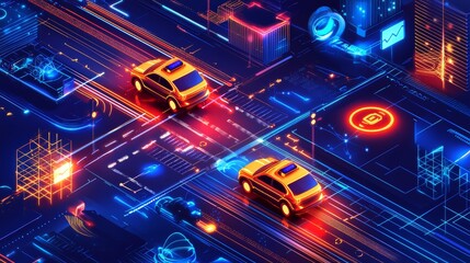Obraz premium Neon Cityscape with Cars and Futuristic Buildings