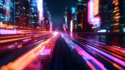 Obraz premium Vibrant Digital Data Flows Pulsing Through Hyper Modernistic Futuristic Cityscape with Sleek Minimalist Architecture