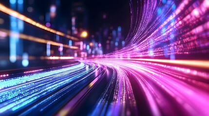 Obraz premium Pulsing Digital Data Flows Through Hyper Modernistic Futuristic Cityscape with Sleek Minimalist Architecture