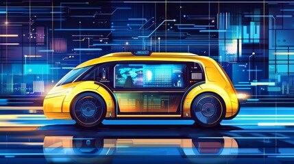 Obraz premium Futuristic Yellow Self Driving Car on Blue Digital Network Background