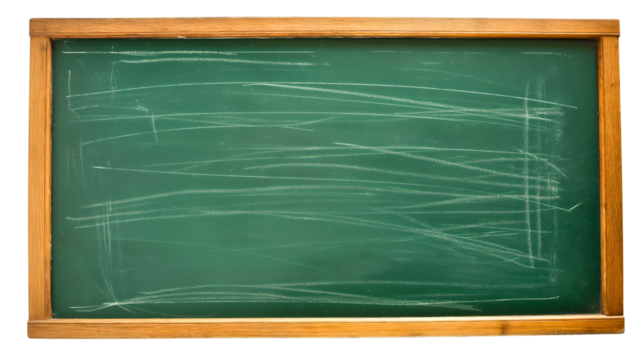 Green chalkboard blackboard with wooden frame isolated on transparent background, blank slate ready for writing or drawing, school education tool or restaurant menu board with empty space for message