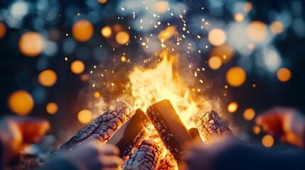 Fototapeta premium Crackling Bonfire Illuminates Celebratory Circle Under Starry Skies in Rustic Mountain Retreat